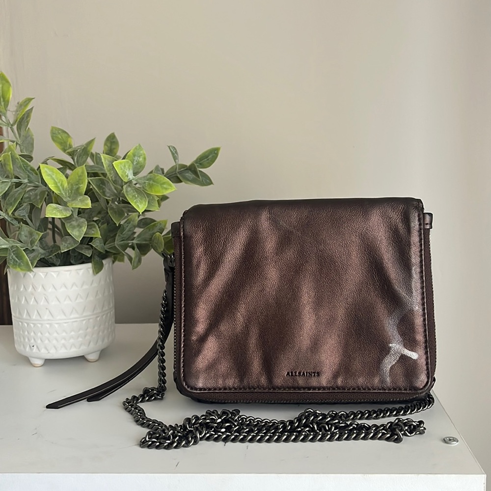 All Saints Small Leather Copper Foldable Crossbody Bag